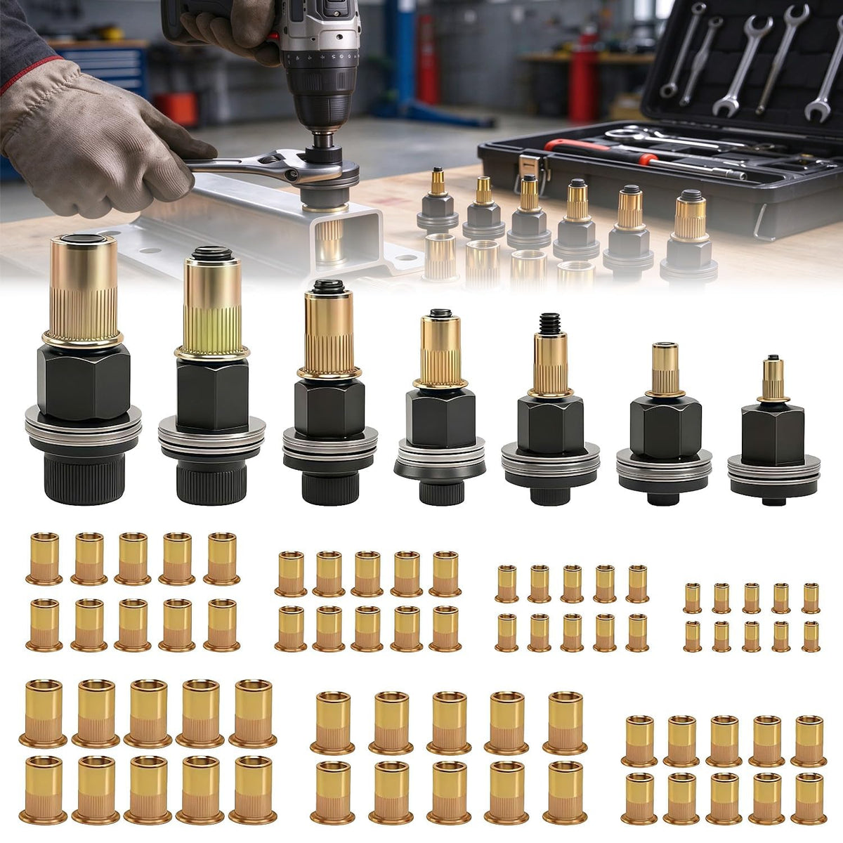 Rivet Nut Tool Kit Carbon Steel Mandrel Head Set M3-M12 Rivet Nut Hardware