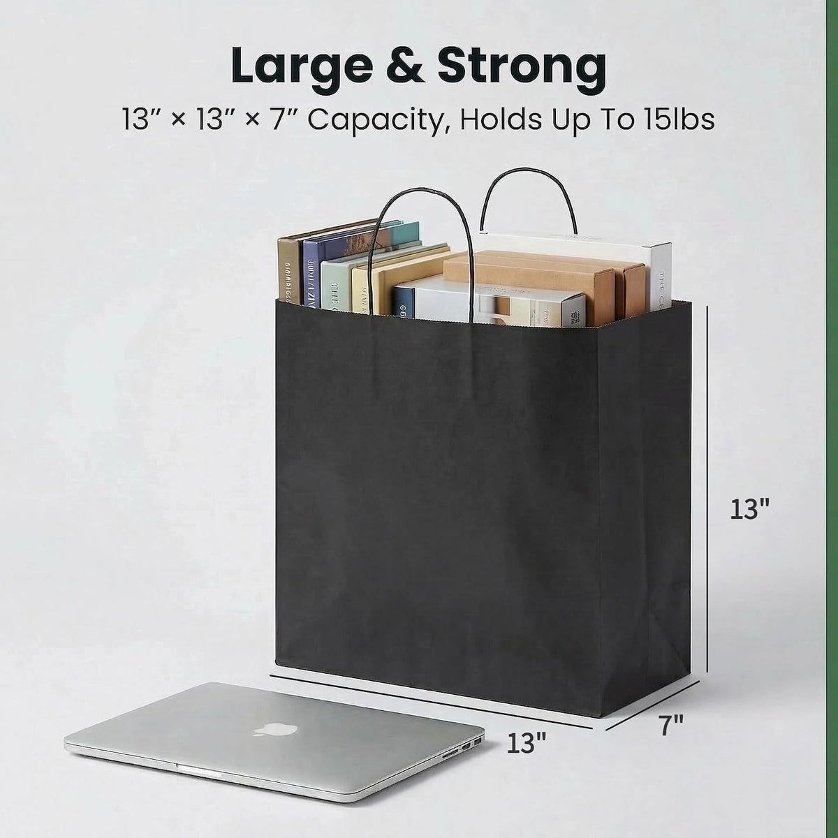 Large Black Kraft Paper Gift Bags with Handles, 13x7x13 Inch, 100Pack