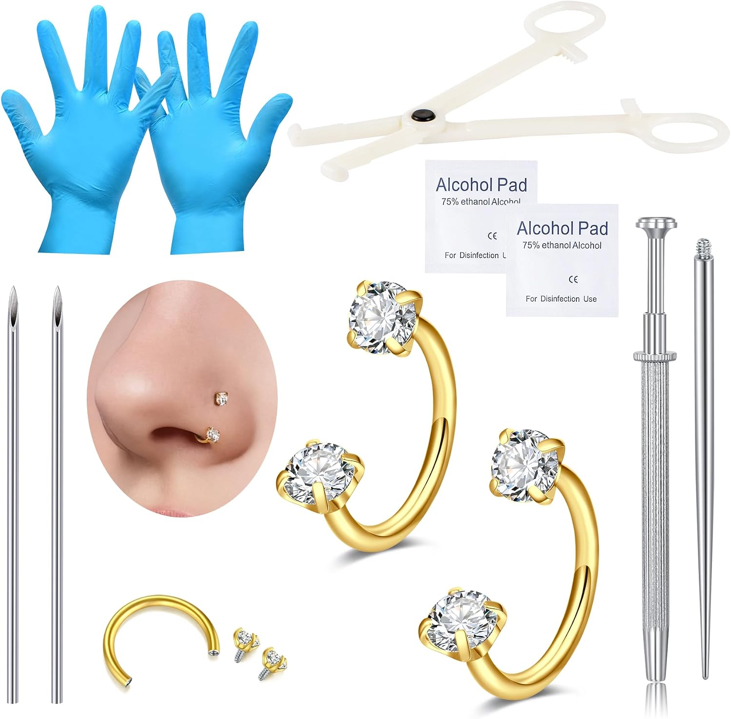 Nose Septum Piercing Kit,18G Stainless Steel Piercing Needles with Piercing Clamps Tool and 20G Silver Nose Hoop