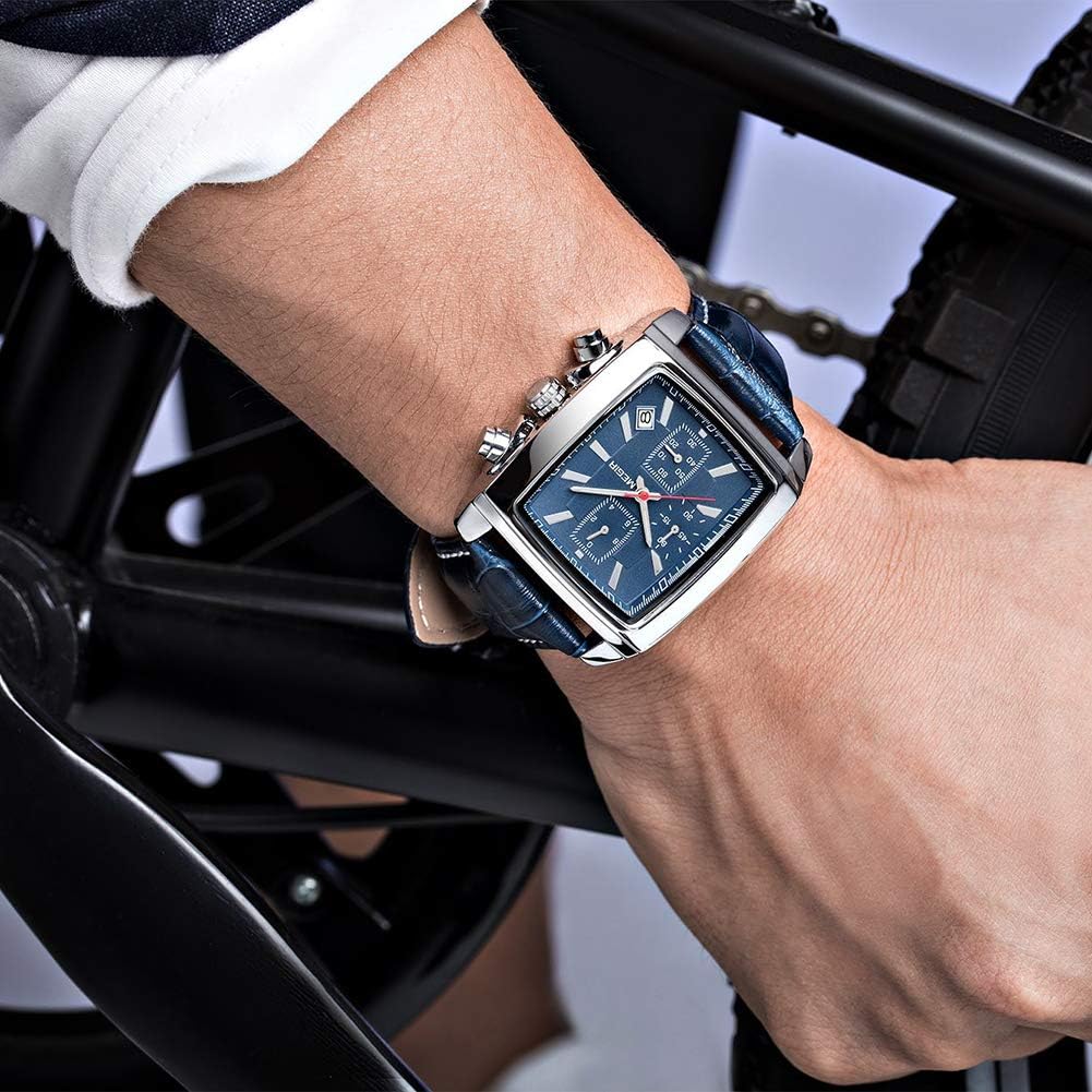 Men's Business Analog Chronograph Luminous Rectangle Quartz Watch with Stylish Leather Strap for Sport & Work