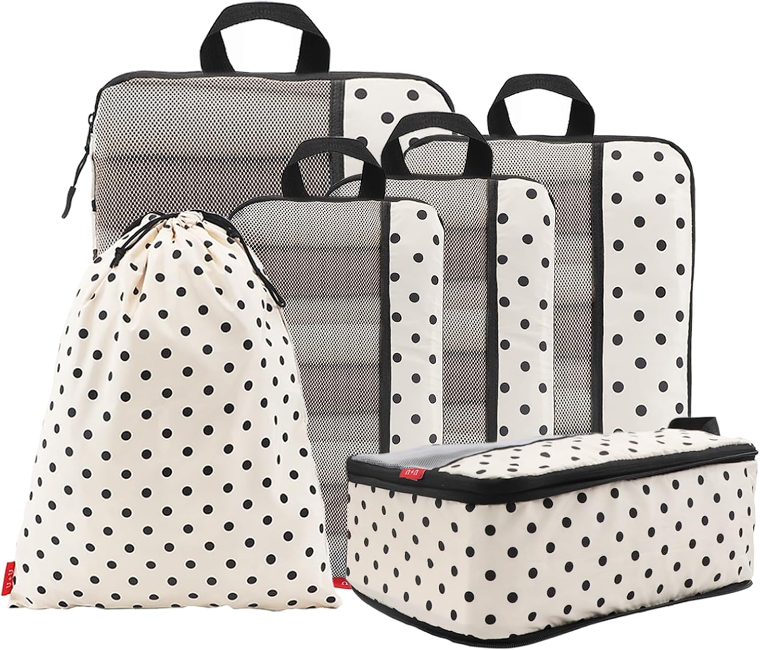 6 Set Compression Packing Cubes, Travel Organizers (Polka Dot) | Space-Saving & Drawstring Bag Included