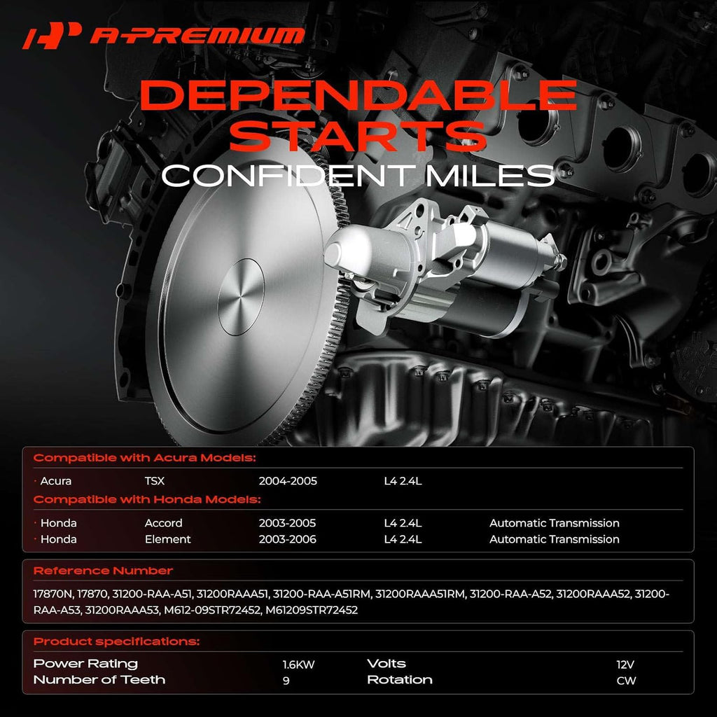 A-Premium Starter Motor, 12V 1.6KW 9 Teeth CW, Compatible with Honda, Acura
