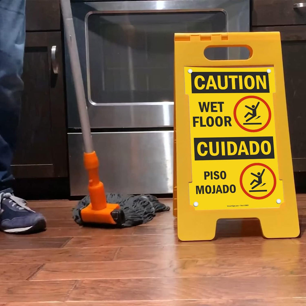 Caution Wet Floor Sign - Bilingual, Cuidadao Piso Mojada, 25 x 12 inch, Standing/Folding Floor Sign, Double-Sided