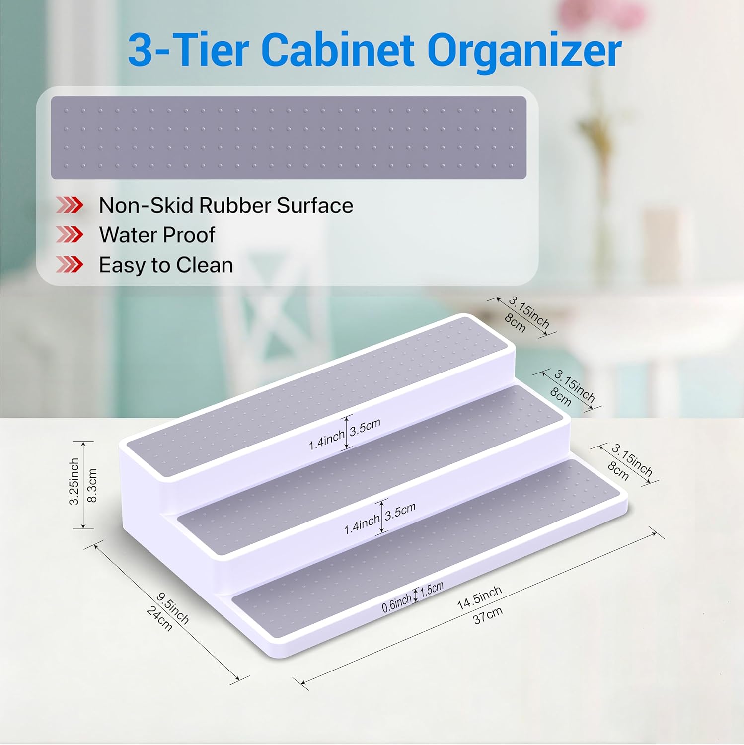 3 Tier Spice Rack Organizer for Cabinet, 3 Pack Non-Slip Spice Rack Shelf Organizer, Holds 24+ Jars, Plastic Spice
