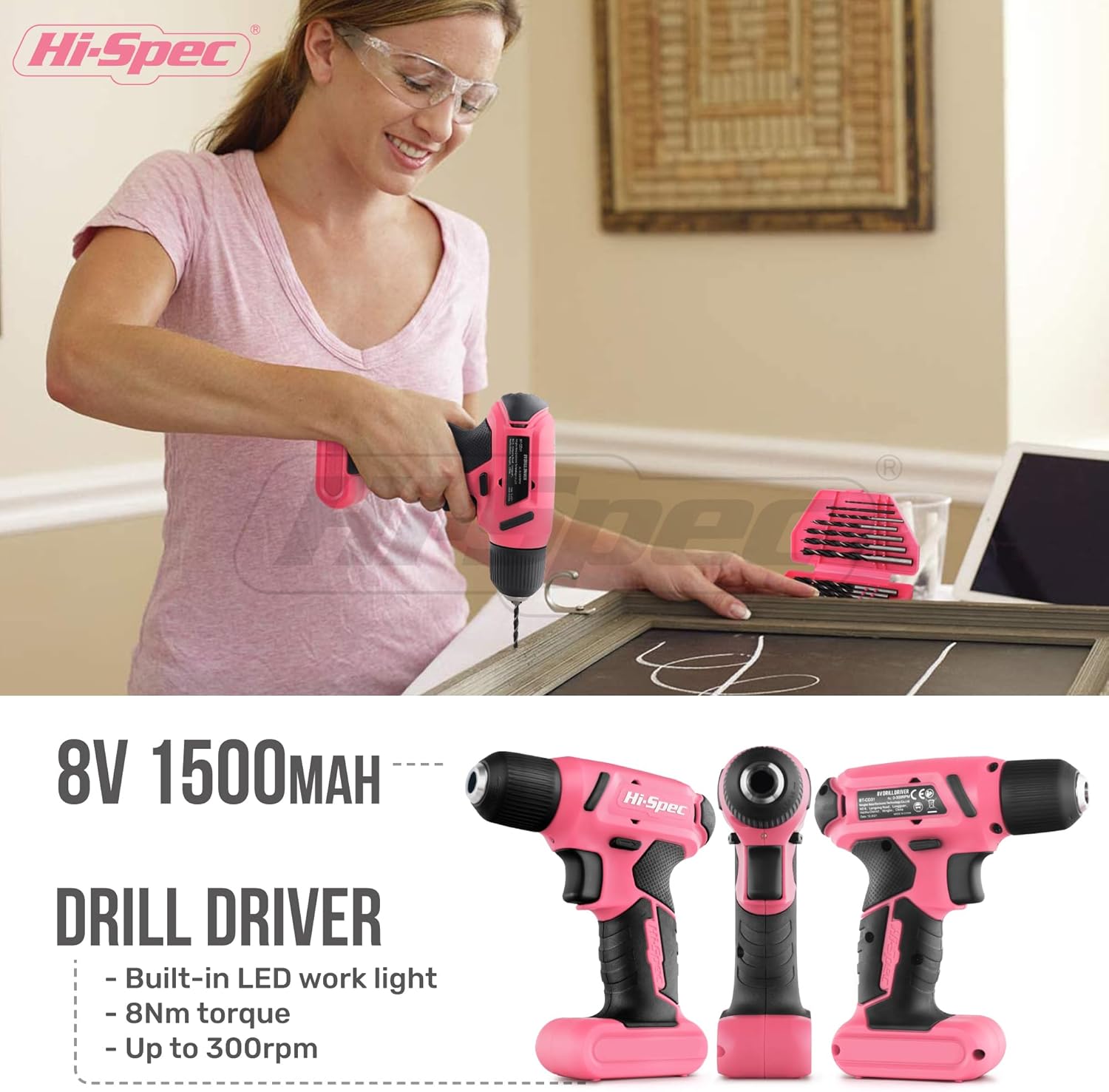 58pc Pink 8V USB Electric Power Cordless Drill Driver and Womens Ladies Home DIY Tool Kit Set. Screwdrivers, Drill