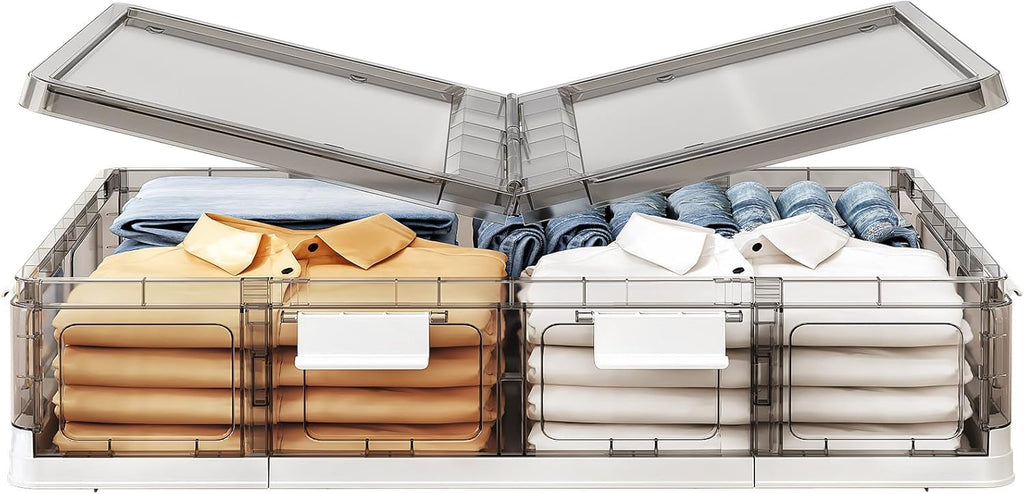Clear Plastic Under Bed Storage Containers Bins with Lids and 8 Pre-installed Wheels,37.8 Qt, Rolling Foldable Flat