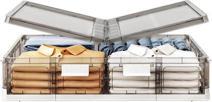 Clear Plastic Under Bed Storage Containers Bins with Lids and 8 Pre-installed Wheels,37.8 Qt, Rolling Foldable Flat