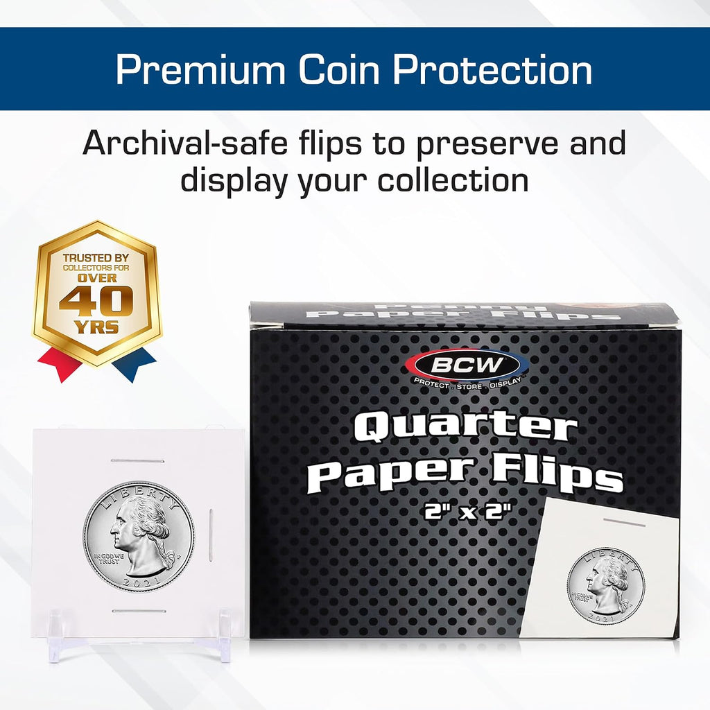 2x2 Coin Flips for Quarters – Bulk | Archival Coin Holders with Clear Polyester Window | Staple or Tape to Seal |