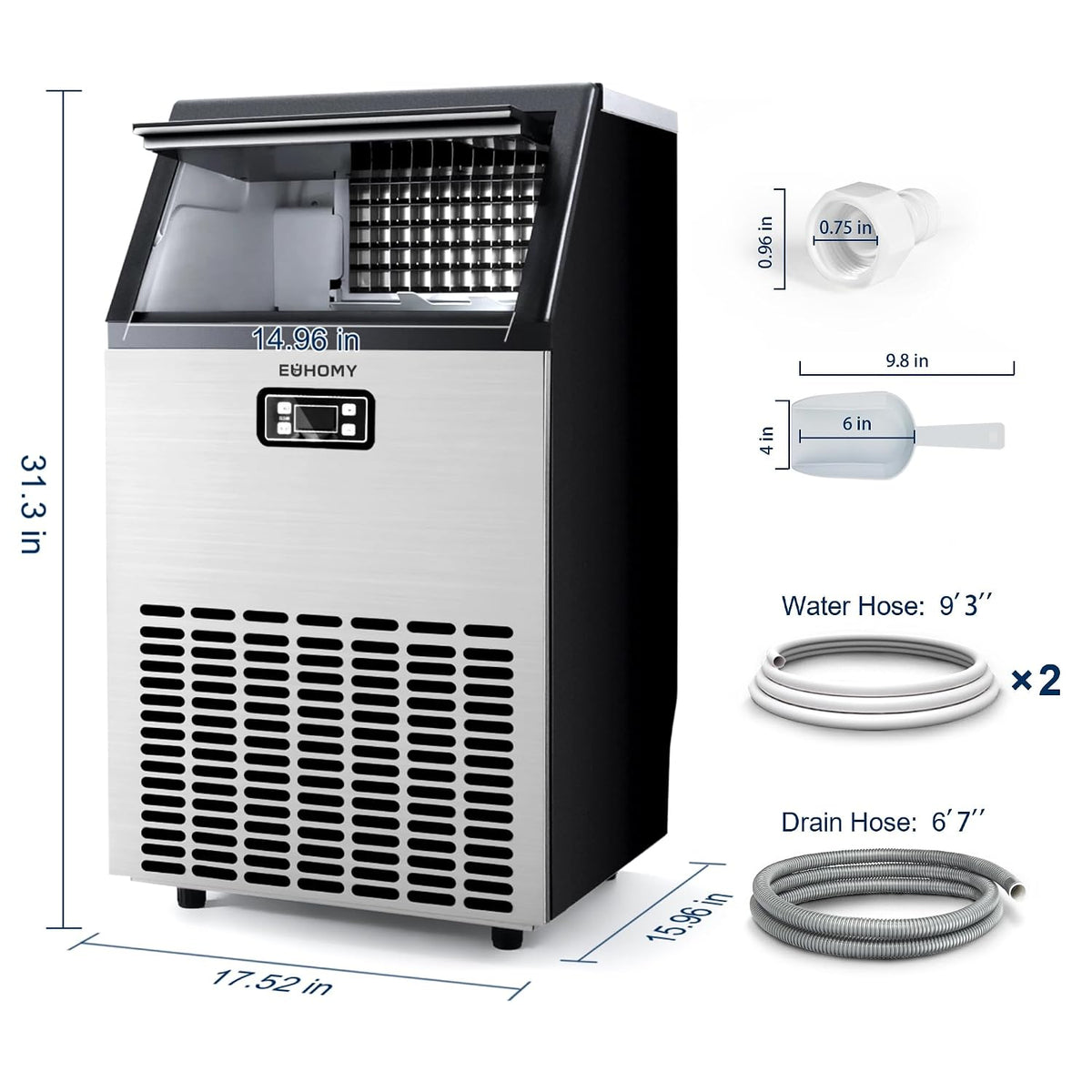 Commercial Ice Maker Machine, 150lbs/24H Stainless Steel Under Counter ice Machine with 33lbs Ice Storage Capacity