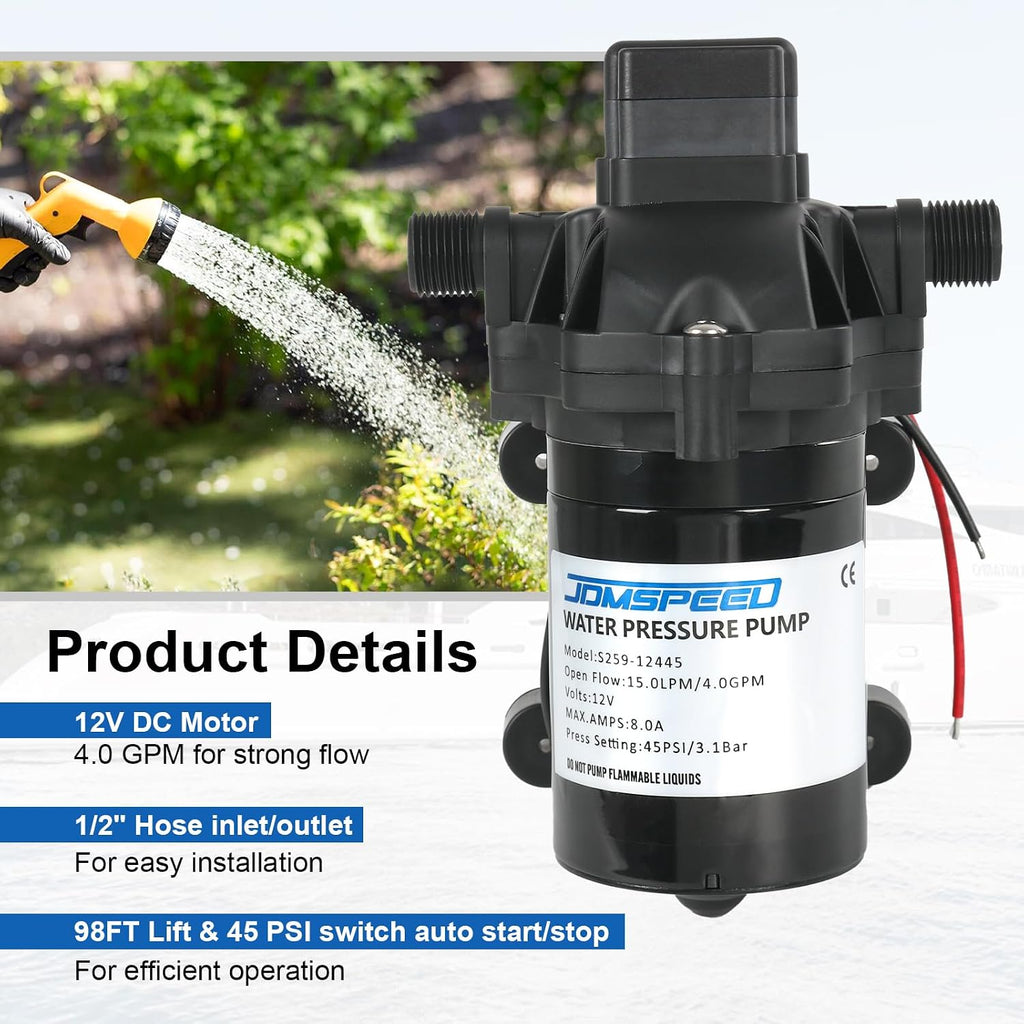 RV Water Pump, 12V DC 4.0 GPM 45 PSI, Self-Priming Diaphragm Pressure Pump
