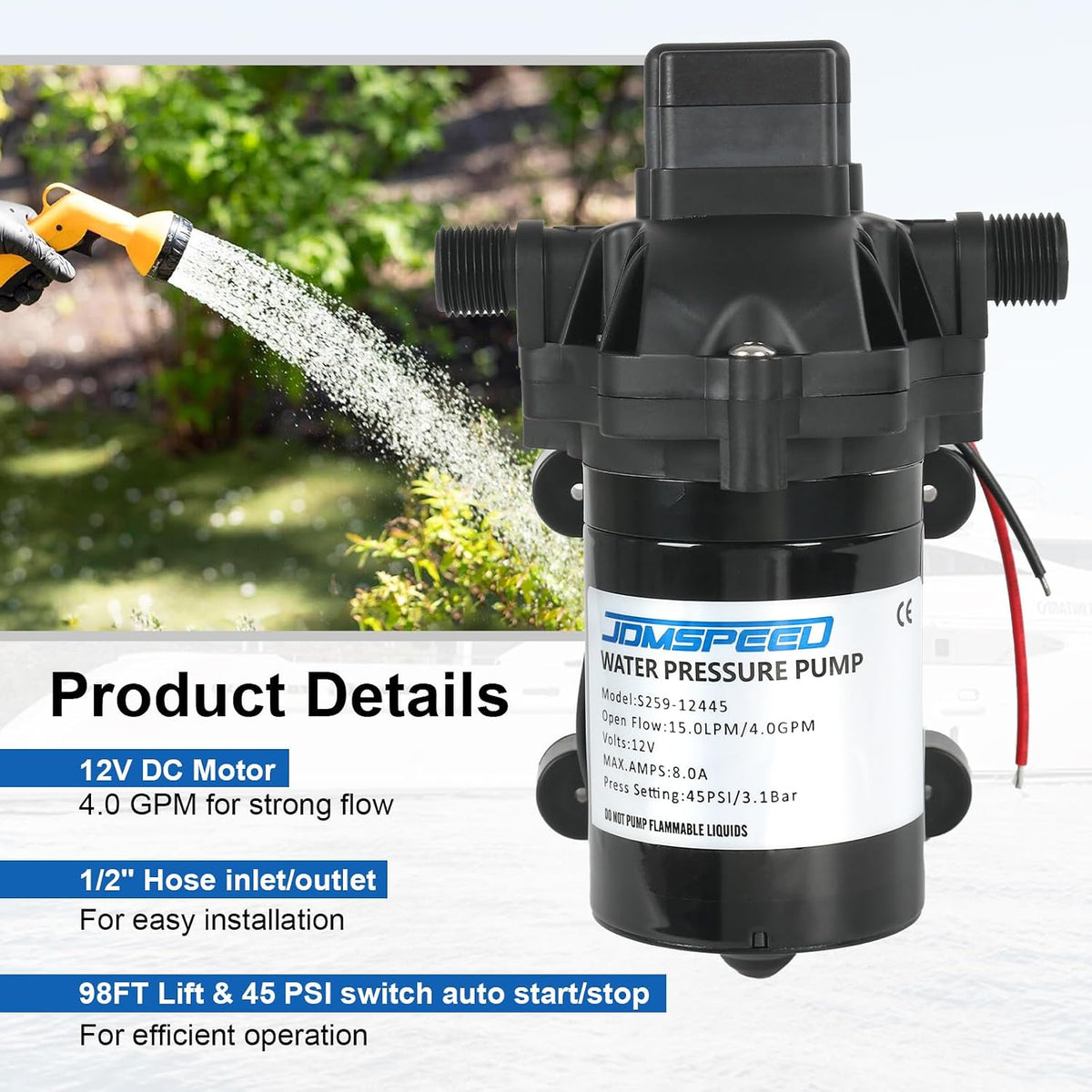 RV Water Pump, 12V DC 4.0 GPM 45 PSI, Self-Priming Diaphragm Pressure Pump