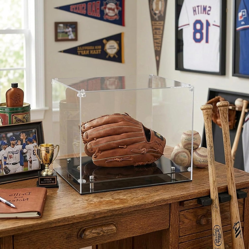 Baseball Glove Display Case with Gold Riser Stand and Black Base | Clear Acrylic Showcase for Baseball Gloves