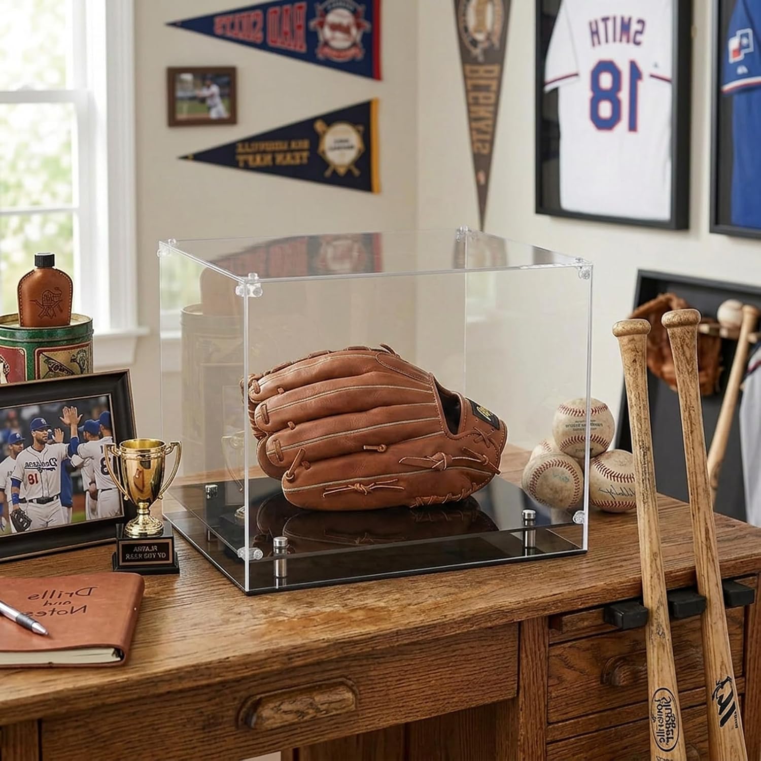 Baseball Glove Display Case with Gold Riser Stand and Black Base | Clear Acrylic Showcase for Baseball Gloves