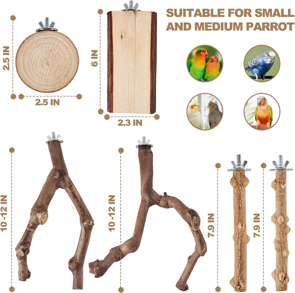 6-Piece Bird Perch Set - Natural Wood Grape Sticks, Paw Grinding Forks, Bird Stand & Toys for Parakeets, Cockatiels