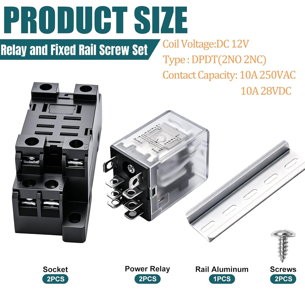 mxuteuk 2pcs JQX-13FL DC 12V Coil 8 Pin 10A DPDT LED Indicator Electromagnetic Power Relay, with Base, with DIN Rail Slotted Aluminum