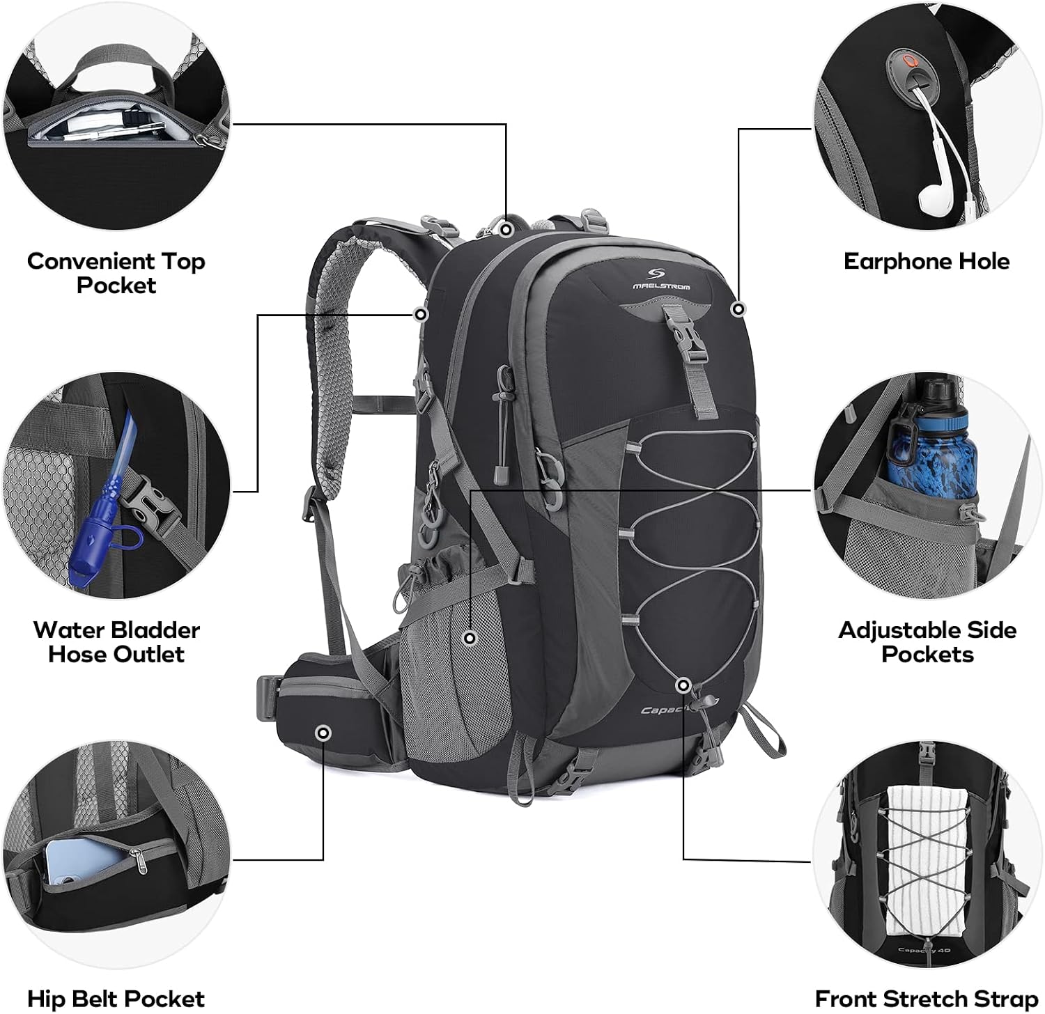 40L Hiking Backpack, Lightweight Camping Daypack with Rain Cover | Water-Resistant Rip-Stop Nylon, Wet/Dry