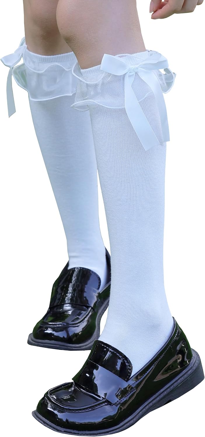 Women Girl's Cotton Knee High Socks with Lace Ruffle Trim Socks, Calf Socks Bow Style…