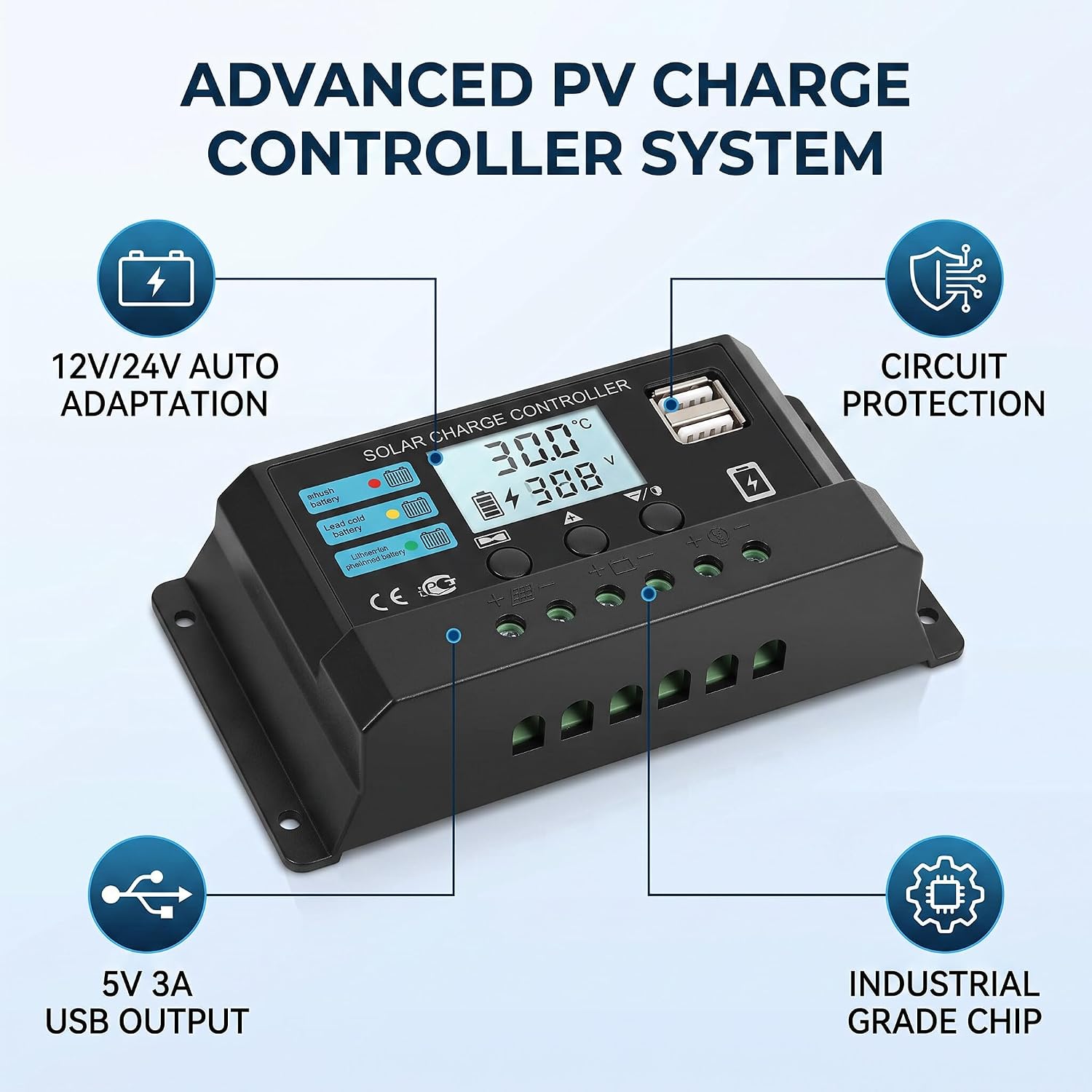 MPPT Solar Charge Controller 30A with LCD Display Photovoltaic Regulator for Off Grid Home Camping and Solar Panel