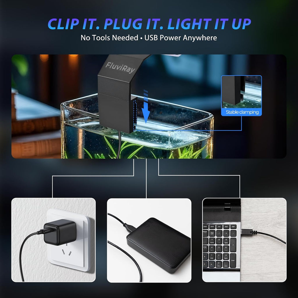 Mini Clip-On Aquarium Light 7W USB Dimmable Fish Tank Lamp with 3 Light Modes (Full Spectrum/White/RGB), 9-Level