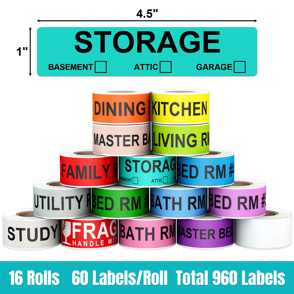 960 Count Color Coding Moving Stickers with 14 Different Living Space Labels, Fragile Warning Stickers & Blank White