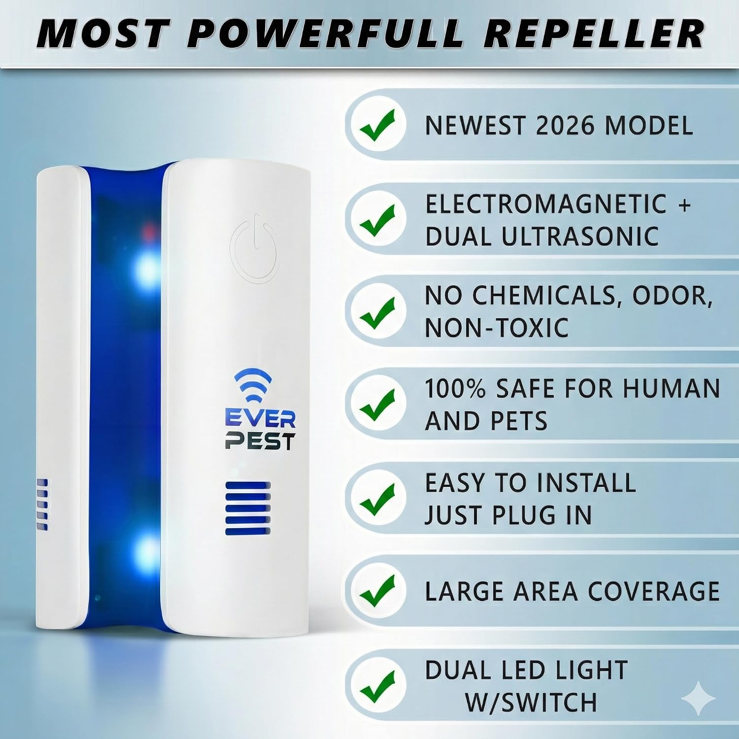 Ultrasonic Pest Repeller Plug in 1 Pack- Electronic and Electromagnetic Insect Control Defender - Roach Bed Bug Mouse