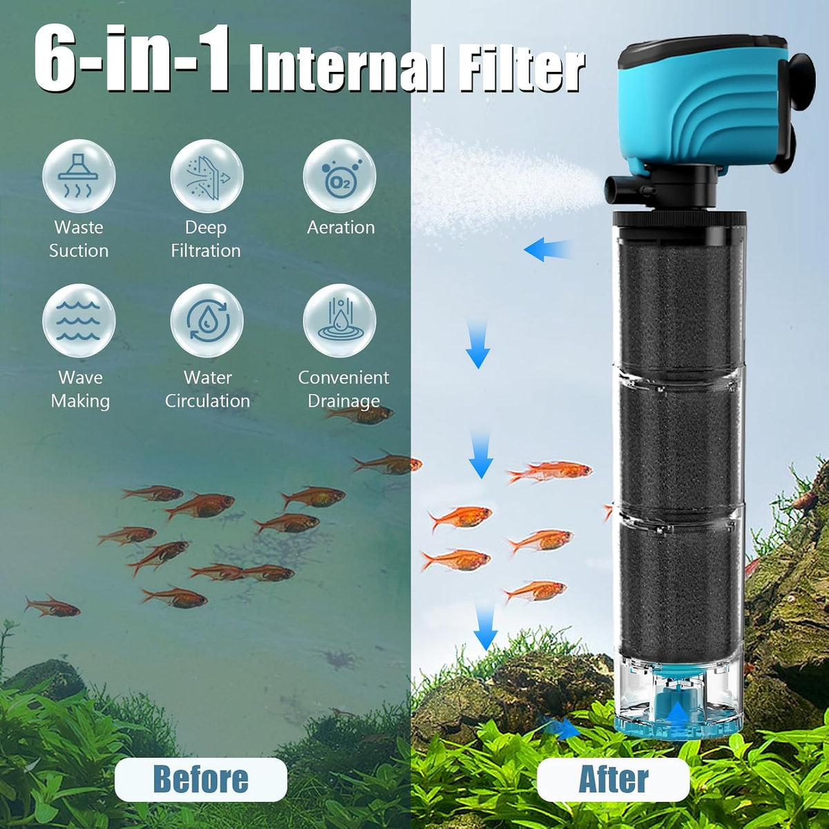 Submersible Aquarium Filter, Upgraded 100-300 Gallon Fish Tank Filter with Fish Guard, Internal Quiet Pump for Turtle