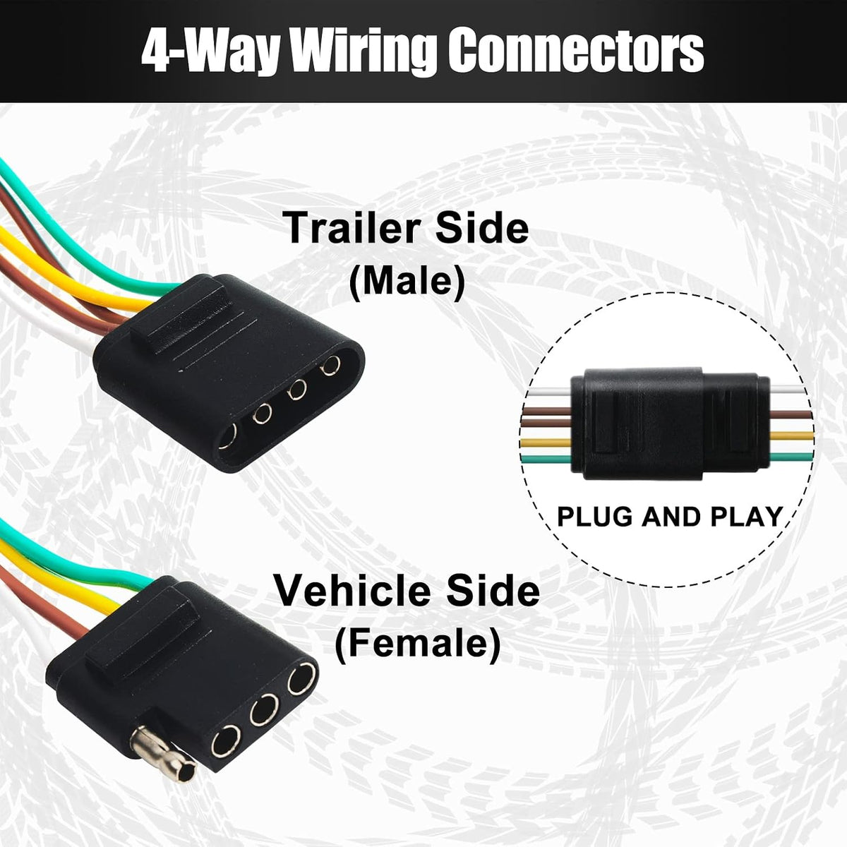 25Ft 4 Pin Trailer Wiring Harness Extension Kit, 4-Way Flat Plug, 5-Wire Male & 4-Wire Female Connector with 18 Gauge