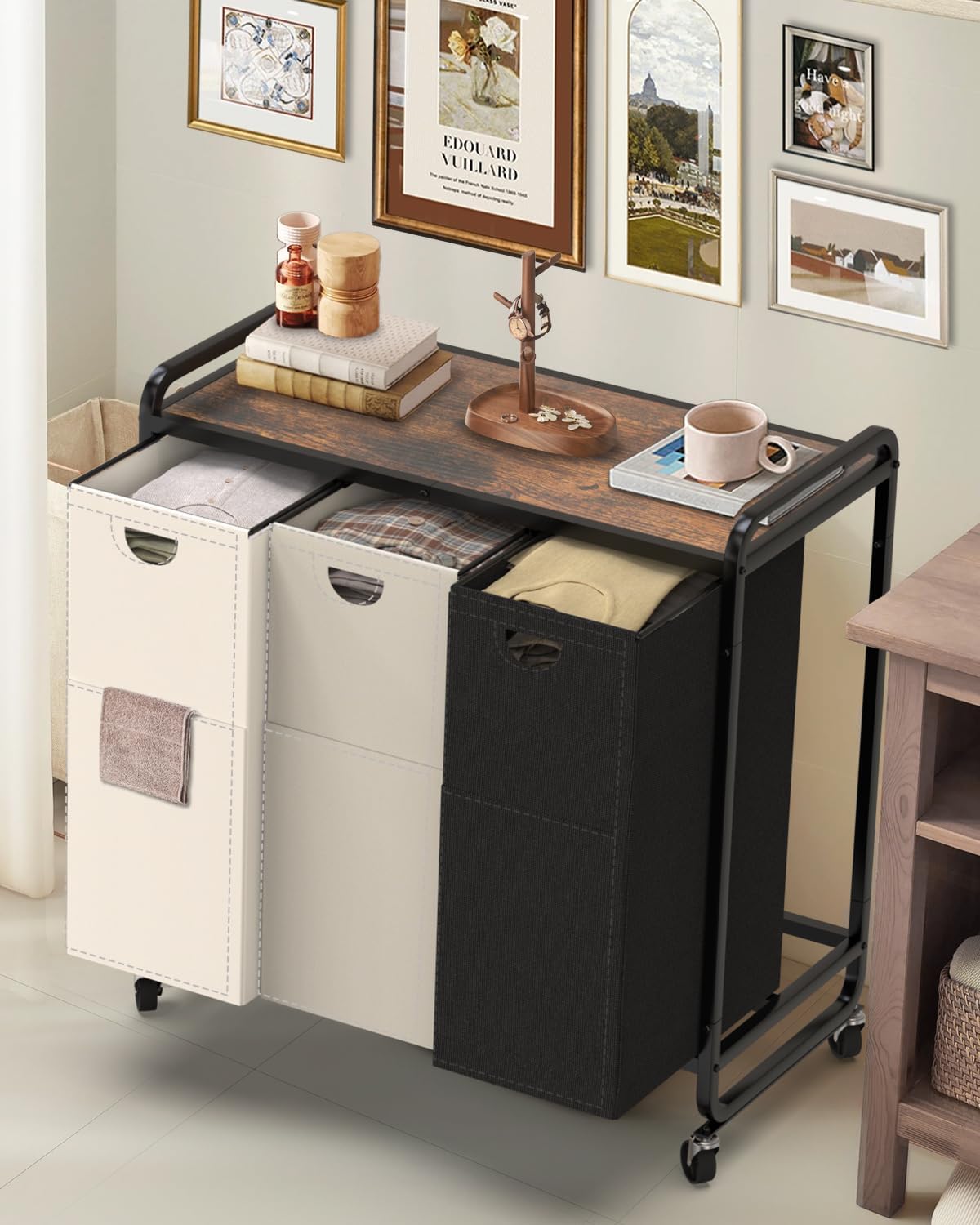 Laundry Sorter 3 Section,Laundry Basket with Wheels,3×15.8 Gal (60L) | Laundry Room Organization with Wooden Desktop