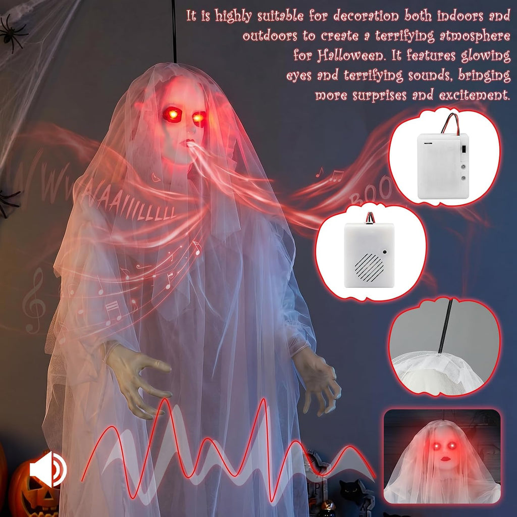 Halloween Ghost Bride Decoration Ghost Bride Halloween Prop with Colorful LED Lights Sound Effects 66 Inch Hanging