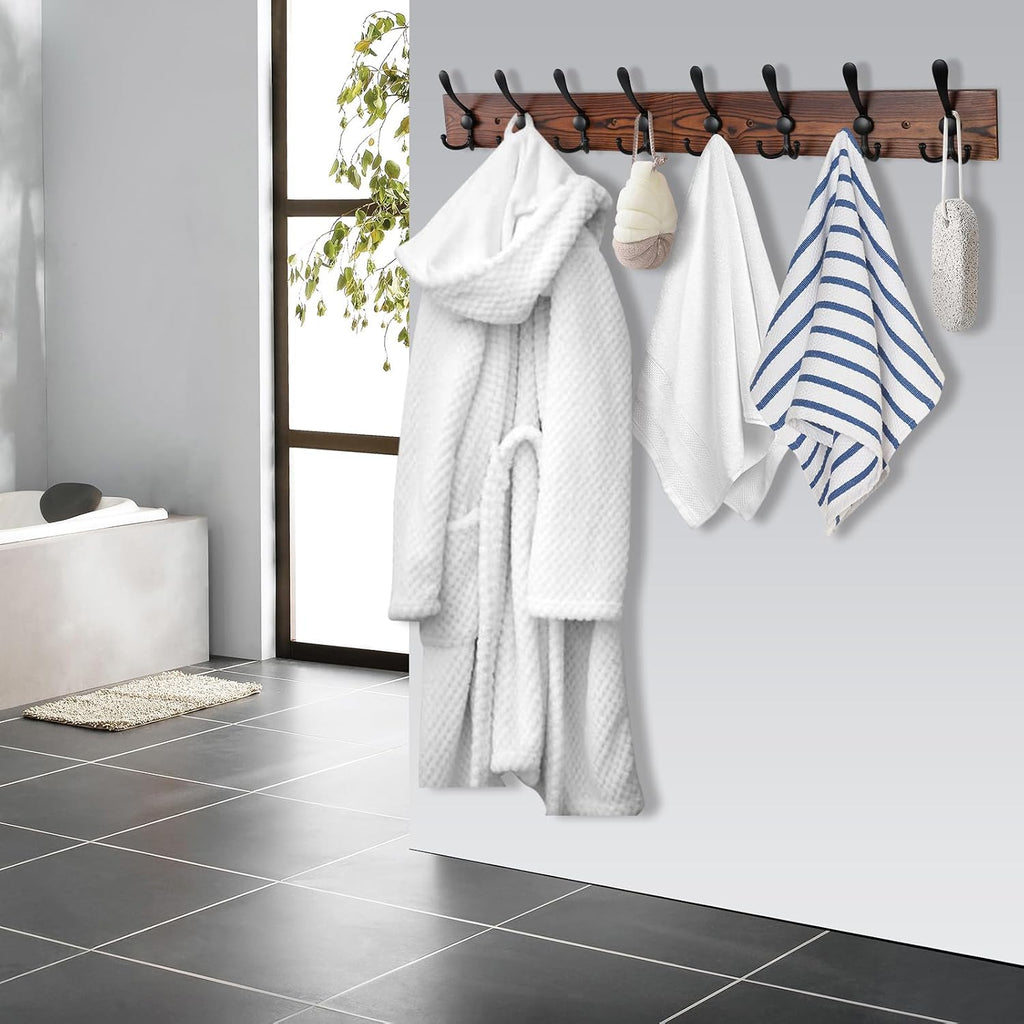 32.2'' Large Coat Rack Wall Mount Coat Hooks Coat Hanger with 8 Metal Black Triple- Hooks Brown Pine Real Wood Plank