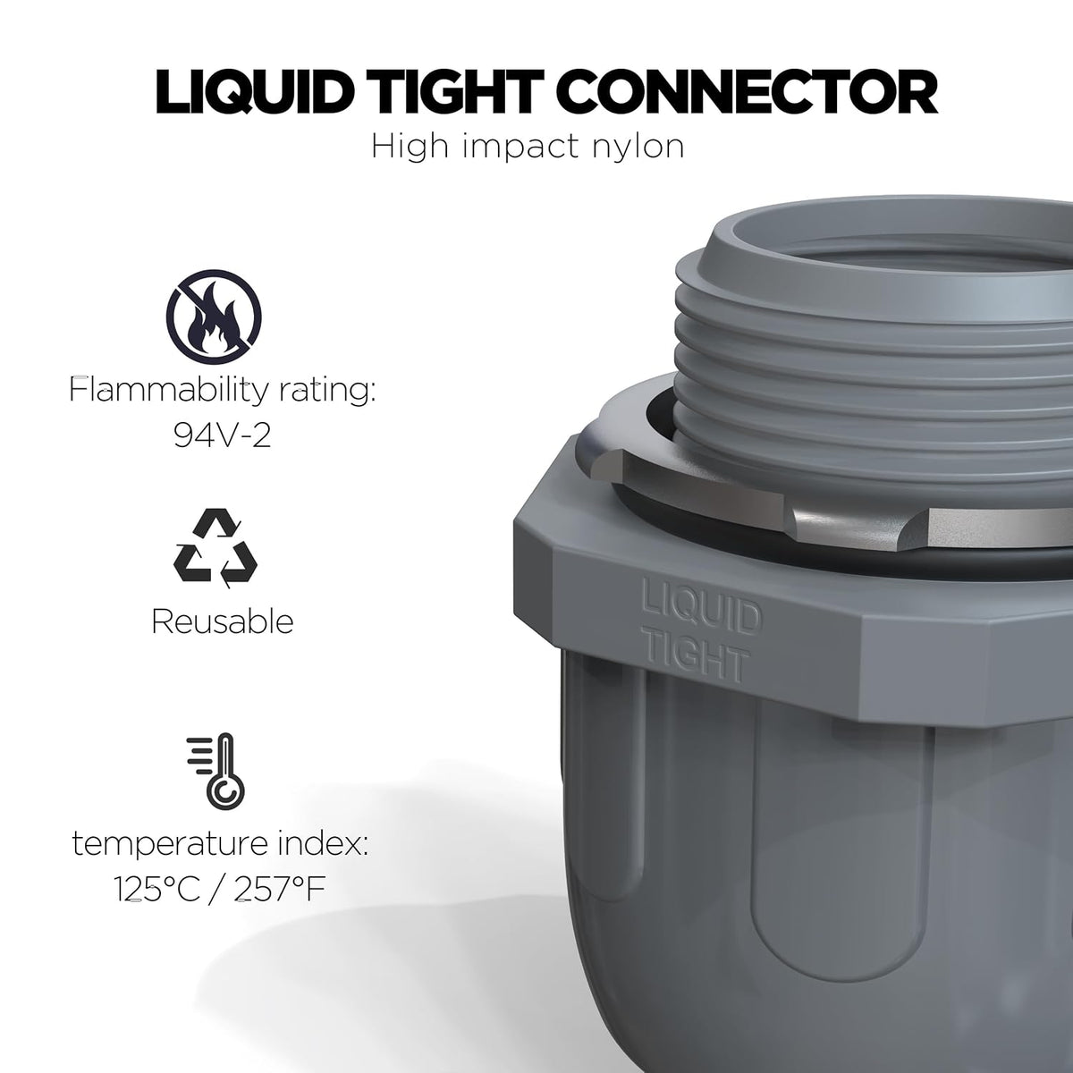 Conduit Connectors, 1/2 Inch, Straight, Grey, 20-Pack | Liquid Tight Connector, NPT, Non-Metallic