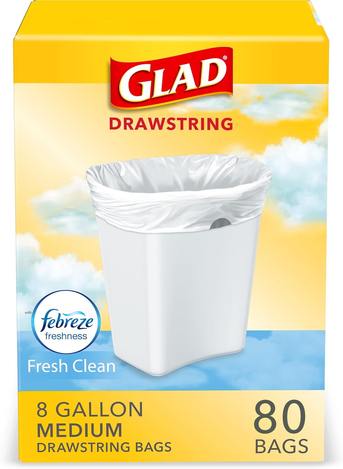 Medium Trash Bags, 8 Gallon, Febreze Fresh Clean Garbage Bags, With Odor Control and Drawstring, 80 Count