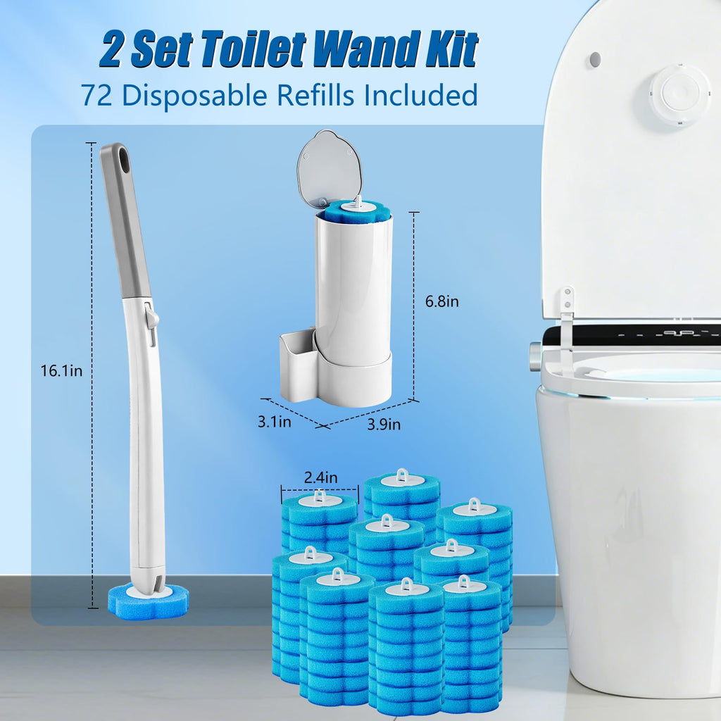 Disposable Toilet Brush Set, 2 Pack with 72 Refills & Wall Holder