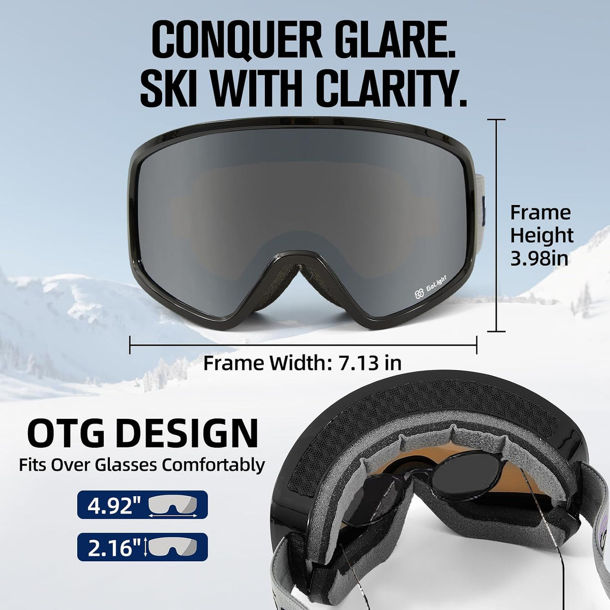Polarized Anti-Glare OTG Ski Goggles – Anti-Fog Double Lens, UV400, Triple-Foam, Anti-Slip Strap for Men & Women