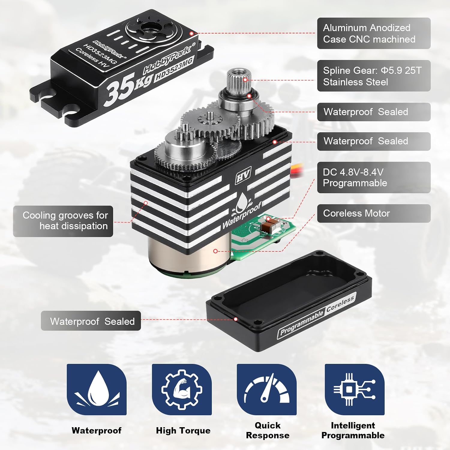 35kg RC Servo Waterproof High Torque Metal Gear Digital Stainless Steel Gears Aluminum Case for 1/7 1/8 1/10 RC