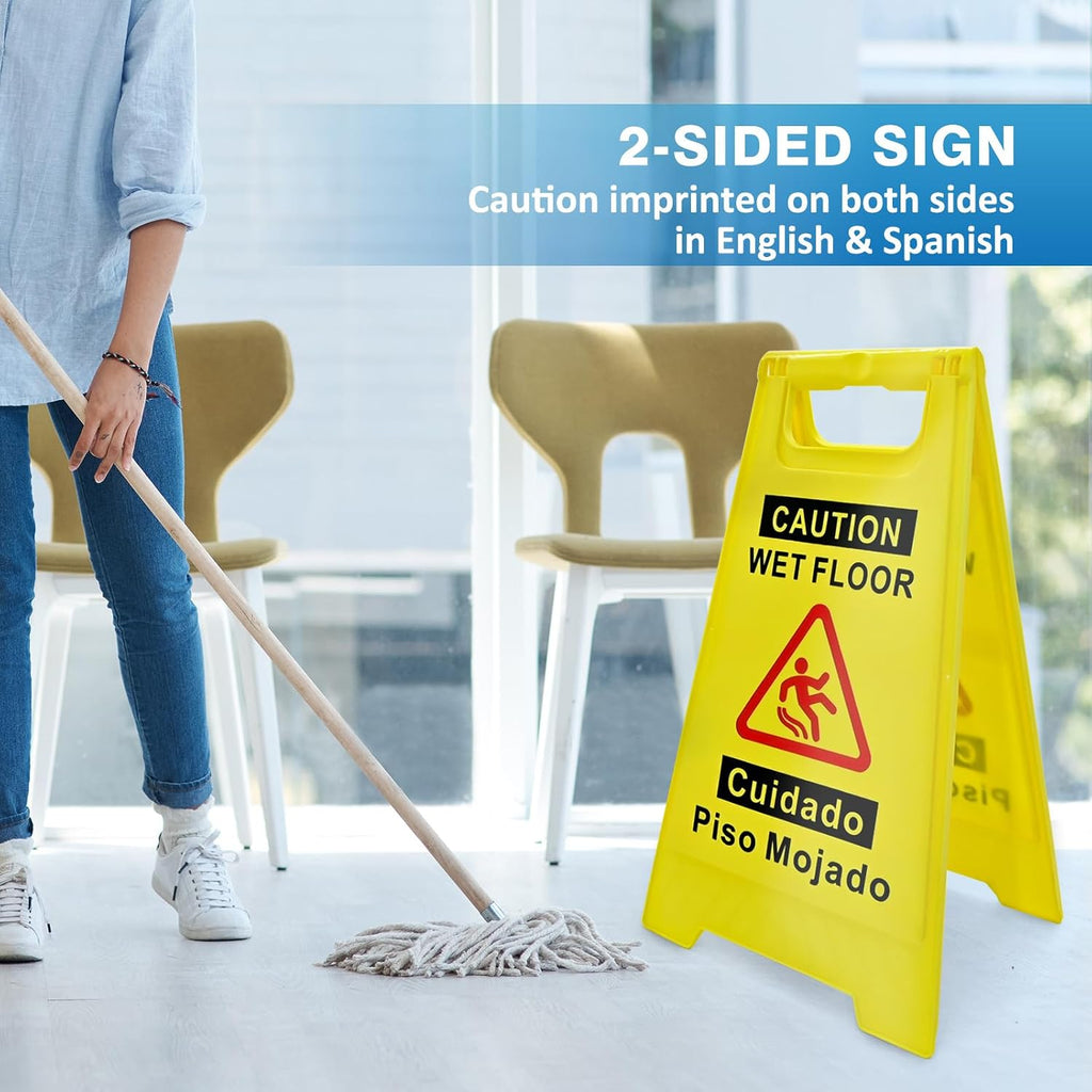 4-Pack Caution Wet Floor Sign, 17.5" Height, Bright Yellow, Double-Sided A-Shaped Frame Design, Bilingual Caution