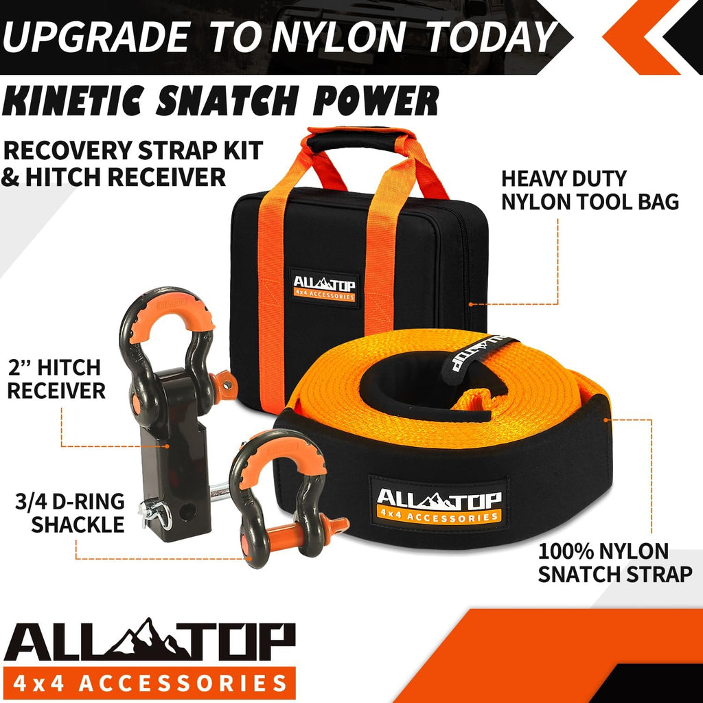 Nylon Recovery Kit with Hitch Receiver: 3" x 20' (35,000lbs) 100% Nylon Snatch Strap + 2" Shackle Hitch Receiver +