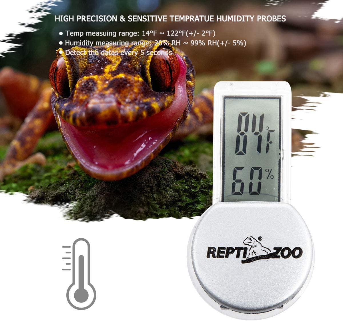 Reptile Thermometer Hygrometer with Suction Cup, Digital Thermometer Hygrometer for Reptile Rearing Box Terrarium
