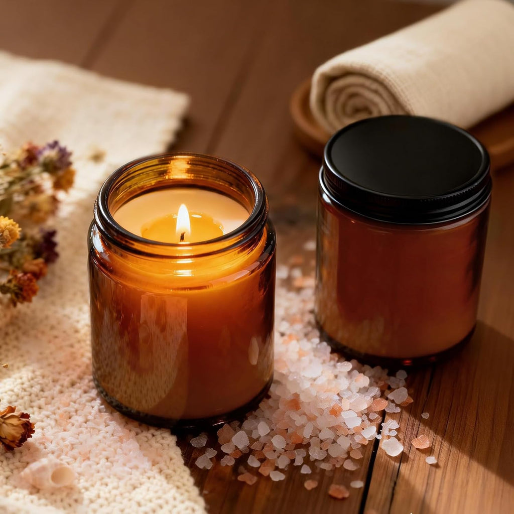 Candle Jars for Making Candles 12pcs, 8oz Amber Glass Containers with Lids, Thick Glass Jars with Matte Black Metal