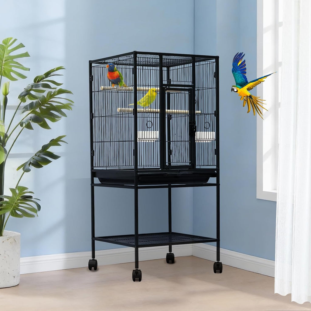Spacious Flight Bird Cage with Rolling Stand & Storage Shelf - Durable Wrought Iron Parrot Home w/Play Top & Bowls