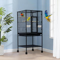 Spacious Flight Bird Cage with Rolling Stand & Storage Shelf - Durable Wrought Iron Parrot Home w/Play Top & Bowls