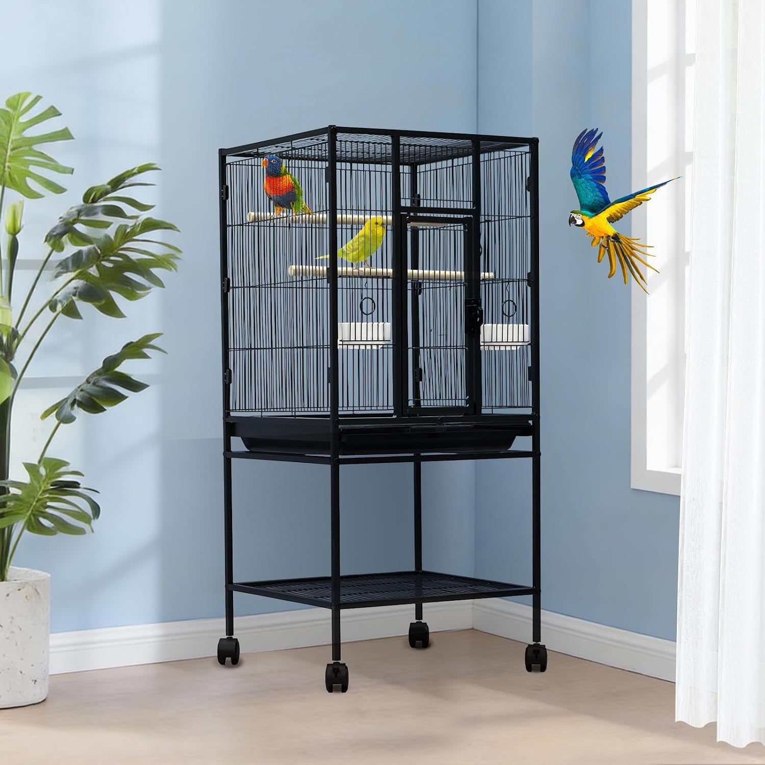 Spacious Flight Bird Cage with Rolling Stand & Storage Shelf - Durable Wrought Iron Parrot Home w/Play Top & Bowls
