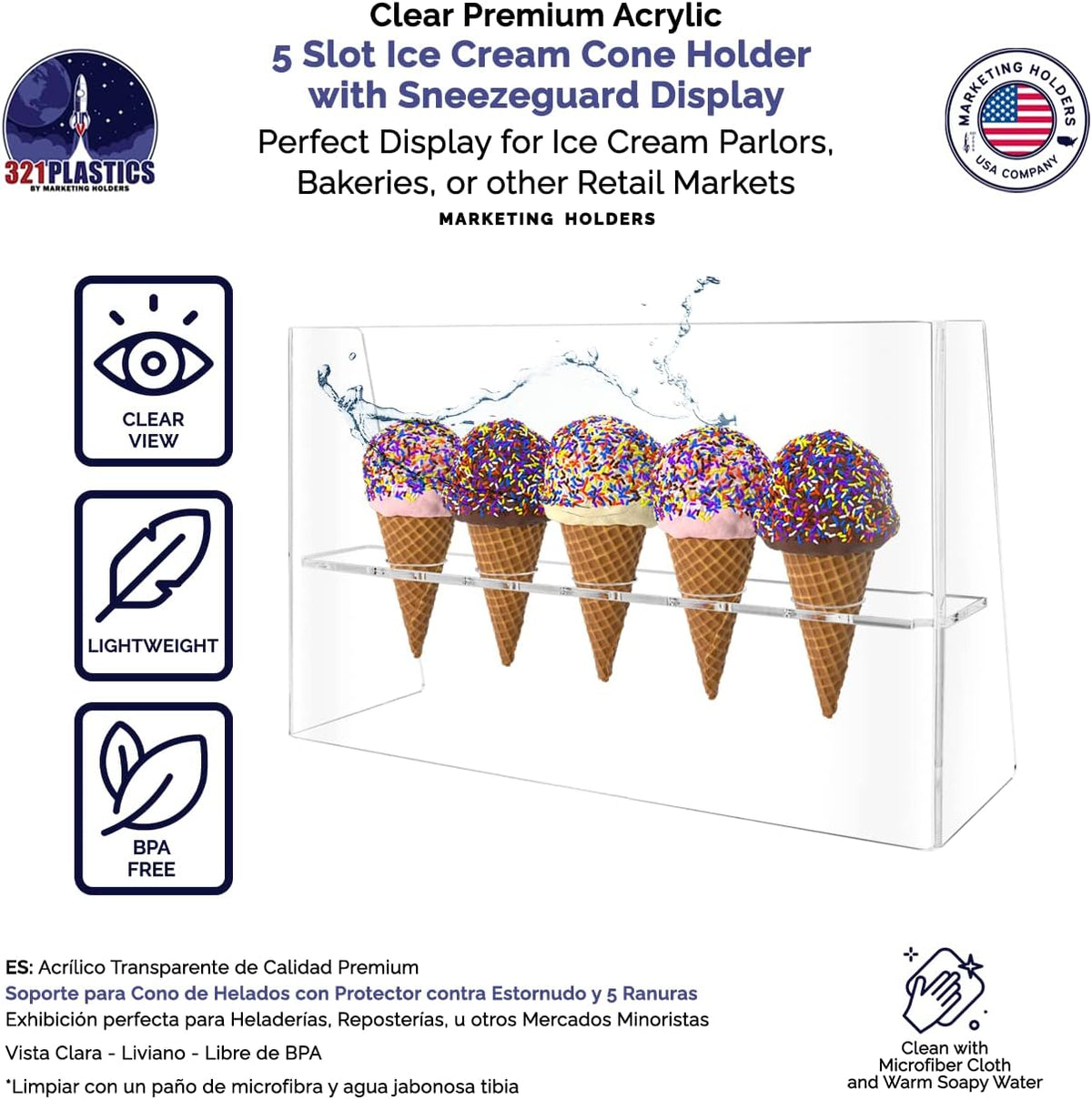 Ice Cream Cone Holder 5 Slot Clear Acrylic Countertop Dessert Display with Sneeze Guard for Restaurants Catered
