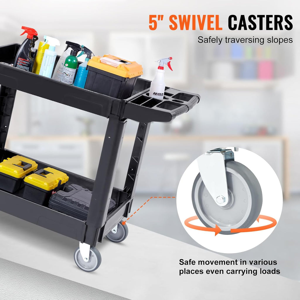 Utility Service Cart, 2 Shelf 550LBS Heavy Duty Plastic Rolling Utility Cart, Medium Lipped Shelf, 360° Swivel