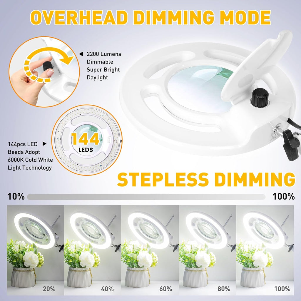 2200 Lumens Esthetician Magnifying Light with Rolling Wheels Base | 12X Real Glass, 144 Bright LED, Stepless