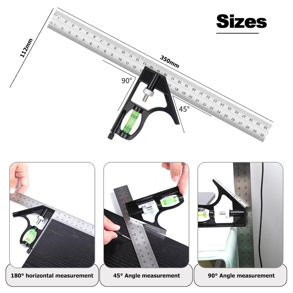12" Metric Combination Square Ruler for Electricians and Carpenters 45-90 Degree Marking Bubble Level Square Tool