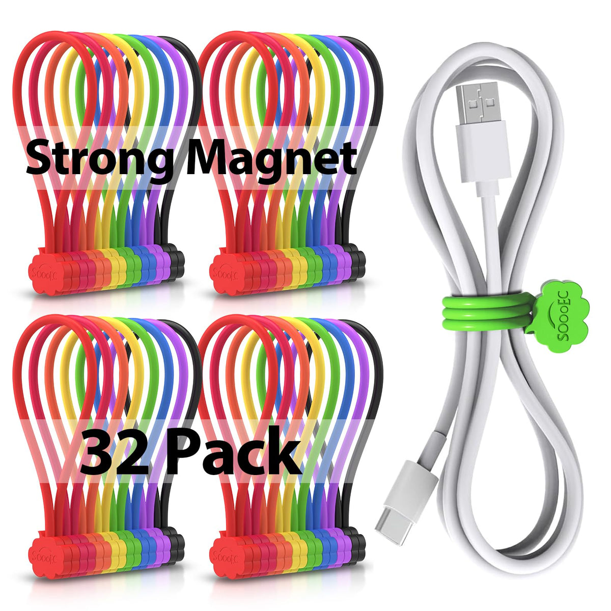 SOOOEC Magnetic Cable Ties 32 Pack, Cute Cloud 7.2" Silicone 8 Colors