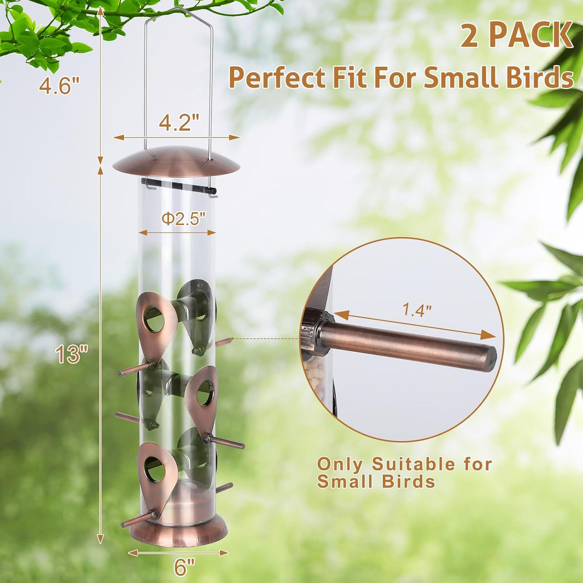 Bird Feeder for Outdoors Hanging, 13" Clear Tube, Copper
