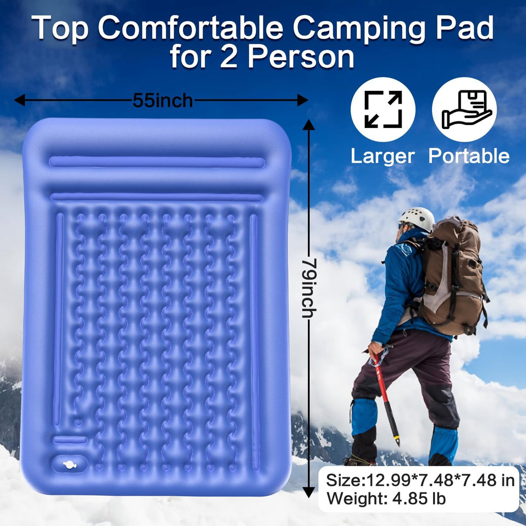 Double Sleeping Pad for Camping, Extra Thick 5 Inch Self-Inflating 2 Person Camping Mattress,with Built-In Foot Pump