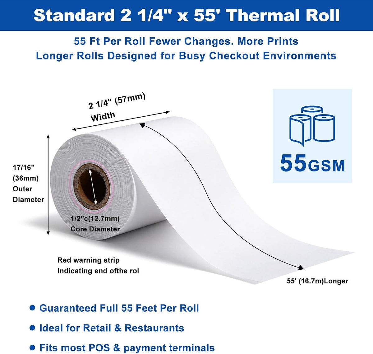 Thermal Paper 2 1/4" x 55' 55GSM BPA-Free 10 Rolls Square Clover